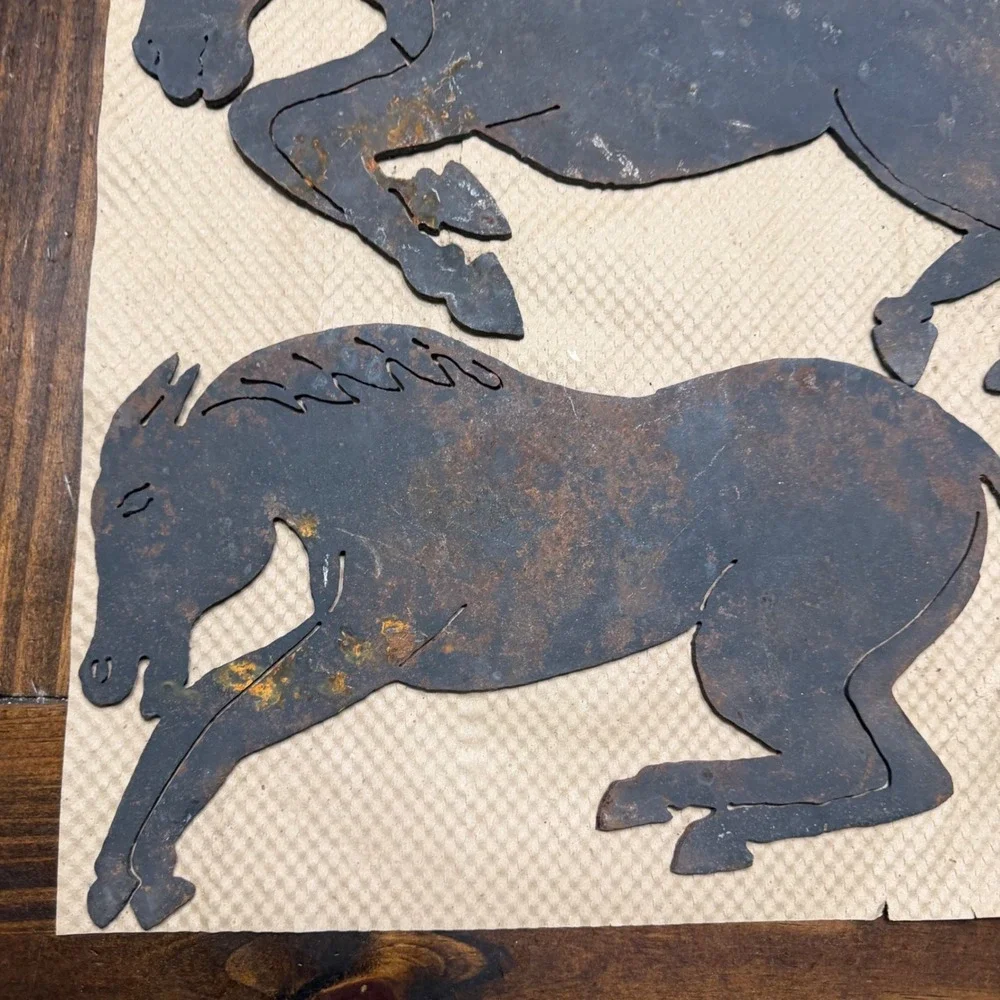Vintage Rustic Metal Cowboy and Horses Wall Art Set 17 Inch Western Silhouette